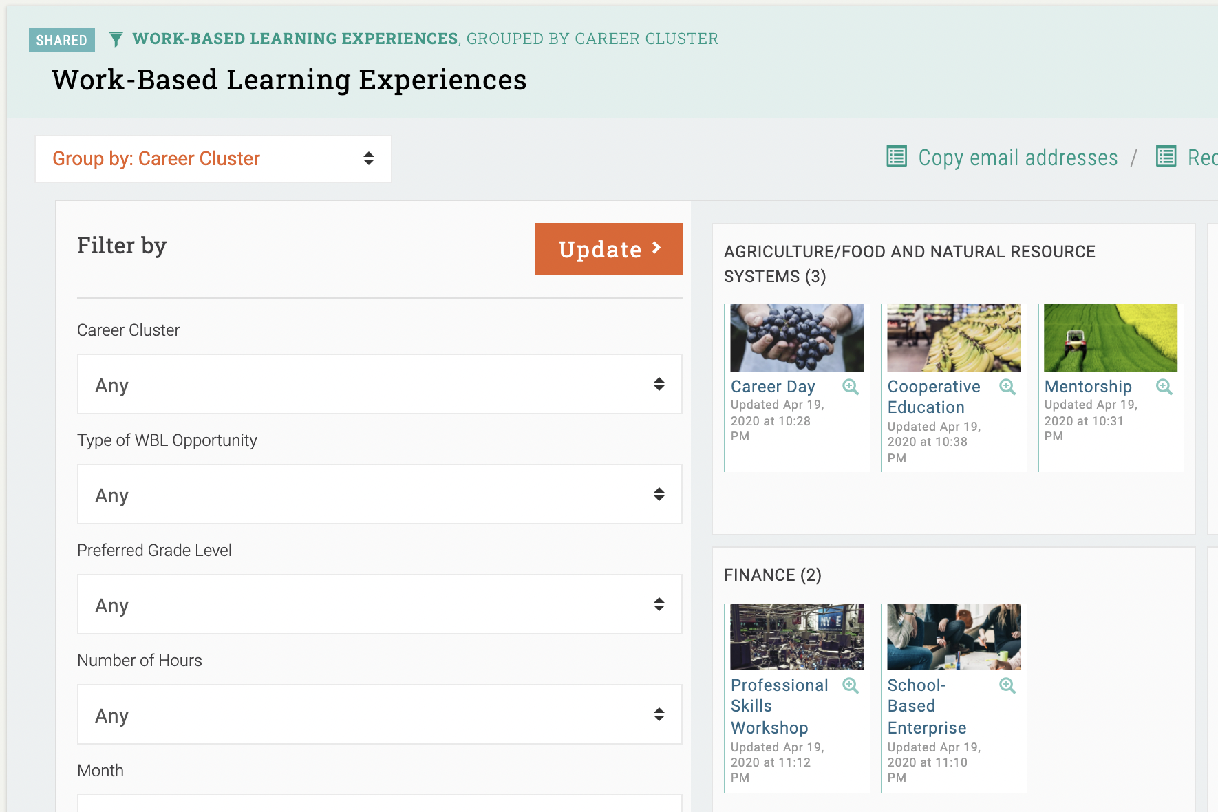 Grouptrail work-based learning dashboard demo